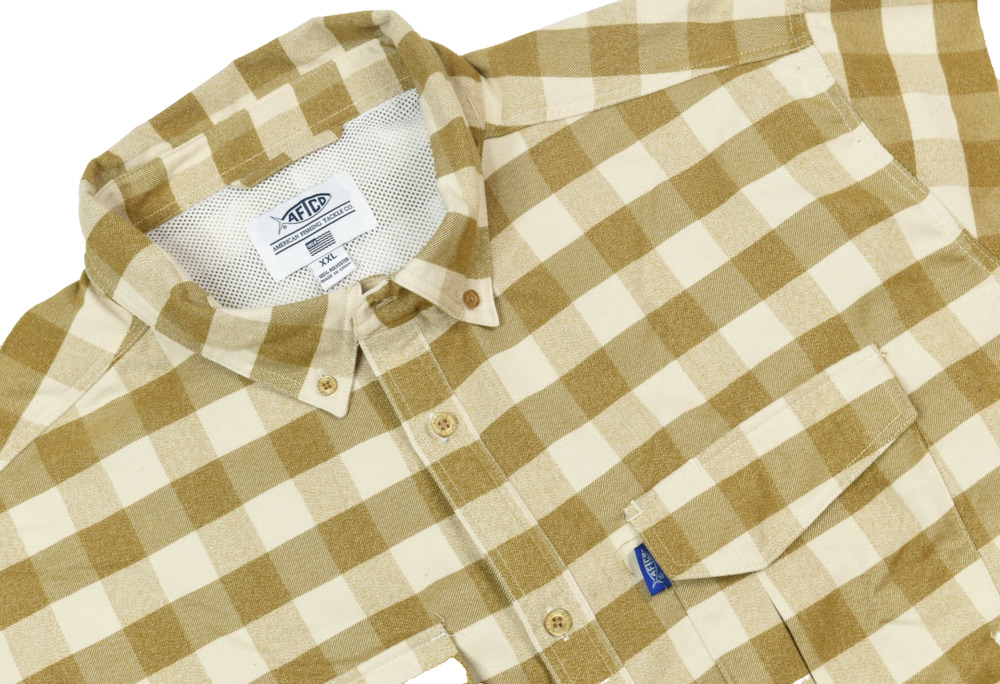 AFTCO Performance Flannel Shirt Mens 2XL Brown Plaid Long Sleeve Button-Down